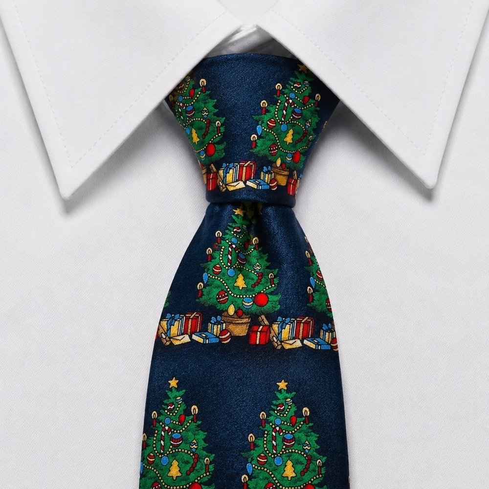 St. Nicks Tie Shop Necktie Mens OS Navy Christmas Tree Silk Holiday Gift Festive